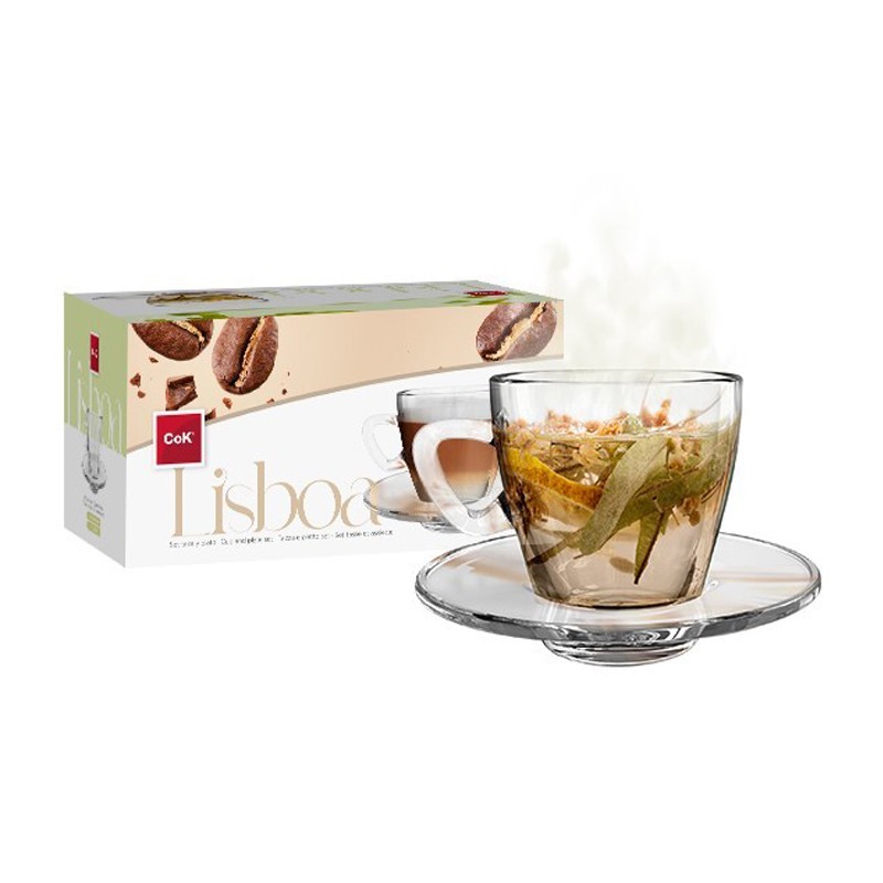 Set 6 Tazze da caffè in vetro trasparente con piattino cappuccino colazione 200ml