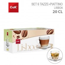 Set 6 Tazze da caffè in vetro trasparente con piattino cappuccino colazione 200ml