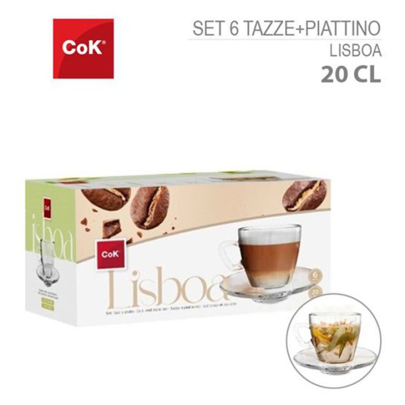 Cok Set 6 Tazze da caffè in vetro trasparente con piattino cappucci...