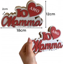 Scritta in legno dedicata alla mamma Io amo Mamma 12x18cm decorativa rossa