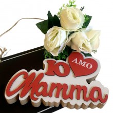 Scritta in legno dedicata alla mamma Io amo Mamma 12x18cm decorativa rossa