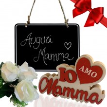 Scritta in legno dedicata alla mamma Io amo Mamma 12x18cm decorativa rossa