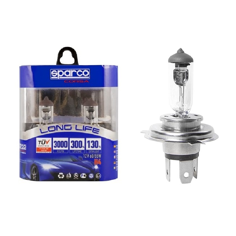 Lampadine auto H4 Long Life Sparco 12V 55W omologate 3000K Luce bianca auto camion