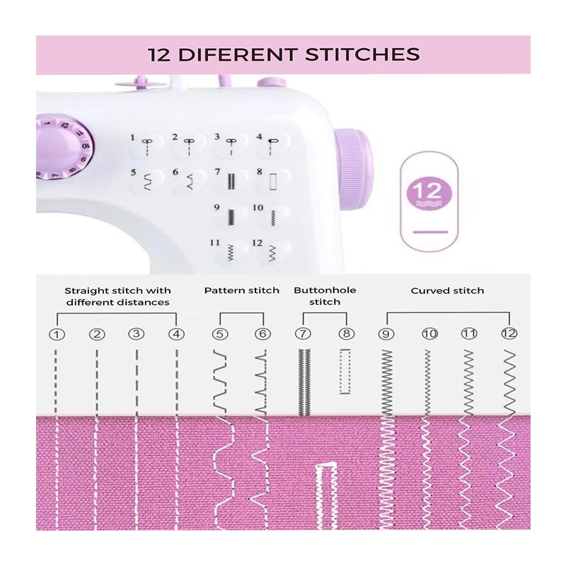 Allpress Macchina da cucire portatile con pedale 2 velocità e 12 pu...
