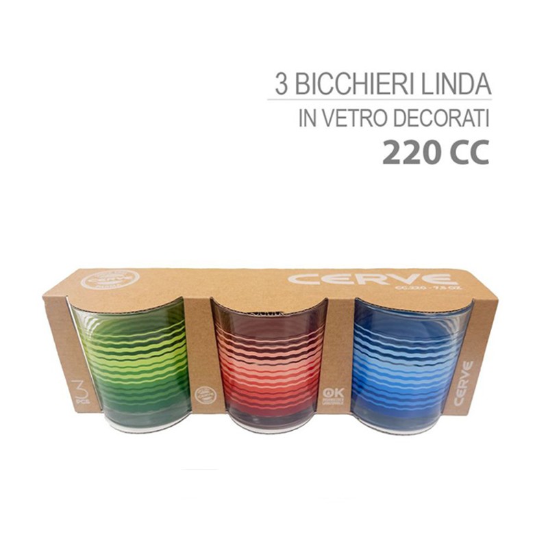 Cerve Set 3 bicchieri in vetro Colorati da 220 cc Bicchiere Cerve p...