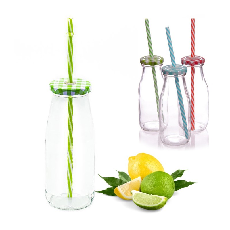 4x Bicchiere Barattolo Tappo con Foro e Cannuccia 450 ml  per Bibite Cocktail