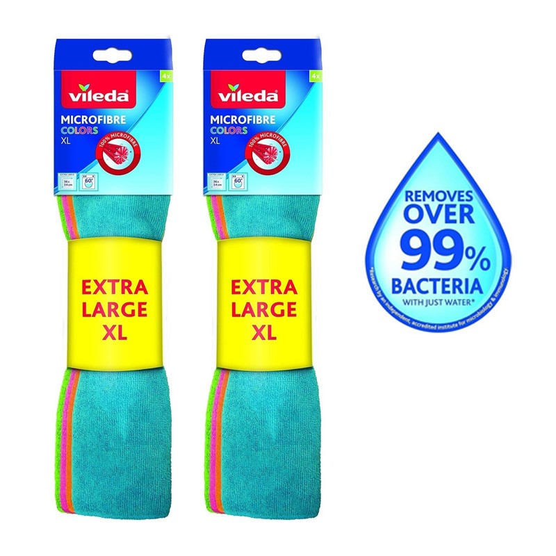 Vileda Microfibre Colors 8 Panni XL Lavabili in Lavatrice Riutilizzabili 36x34cm