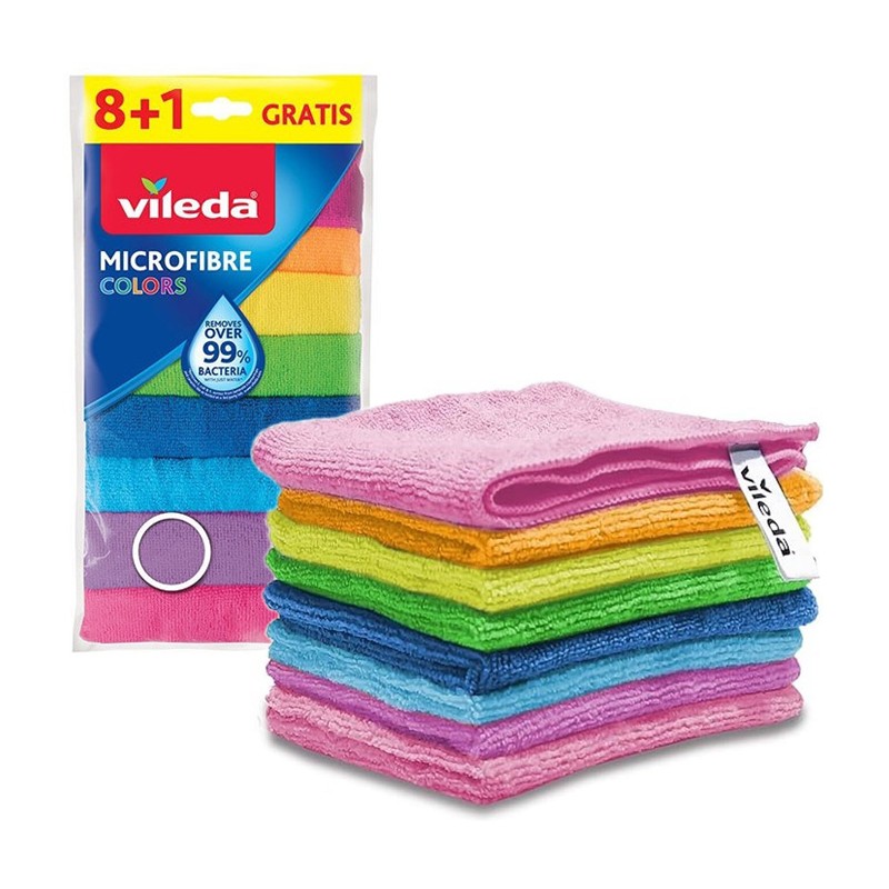 Vileda Microfibra Colors 9 Panni Lavabili in Lavatrice Riutilizzabili 30x30 cm