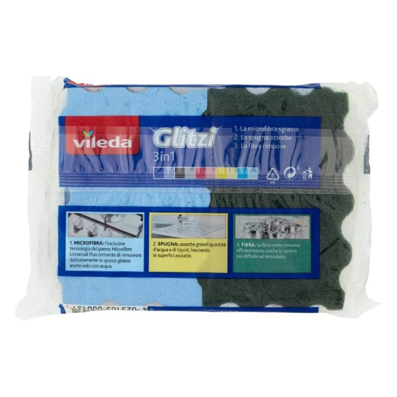 Vileda Spugna da Cucina 3in1 Glitzi 4 Conf. da 2 Pz per Lavare Piat...