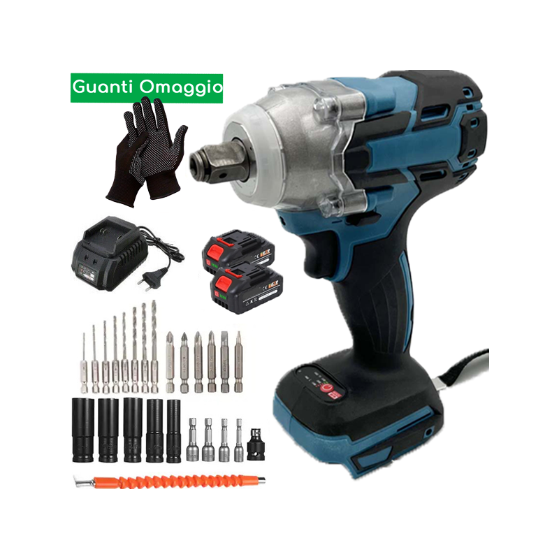 Avvitatore a Impulsi Brushless 400Nm doppia batteria 48v con 7 inserti Trapano + guanti in omaggio