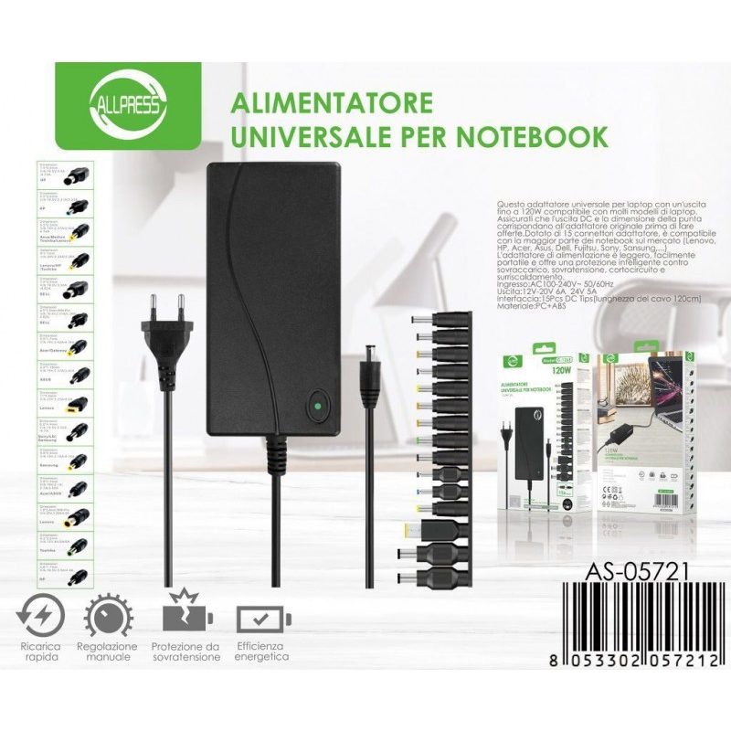 Allpress Alimentatore universale 15 adattatori caricabatterie 120 W...