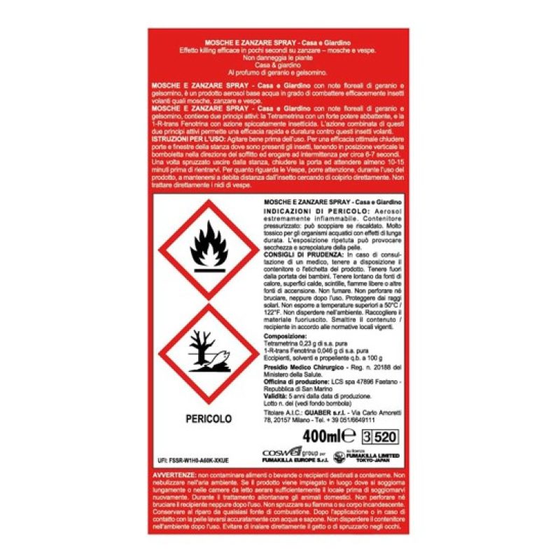 Vape Insetticida Mosche Zanzare Spray 2 Pezzi da 400ml profumo gera...