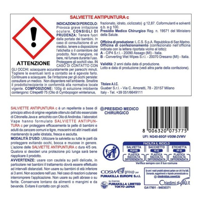 Vape Salviette Antipuntura Contro Punture di Zanzare tigre e comuni...