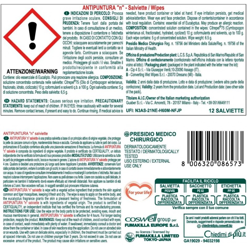 Vape Vape 24 Salviette Antipuntura Zanzare profumate repellenti 100...