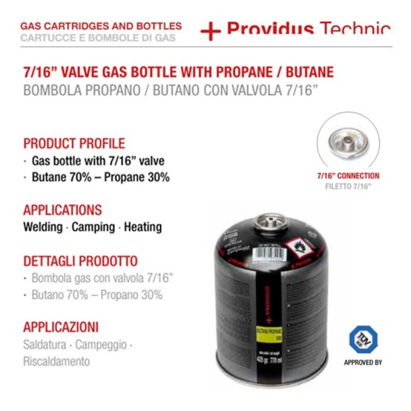 Providus Cartuccia bombola gas propano butano 425 gr valvola 7/16 f...