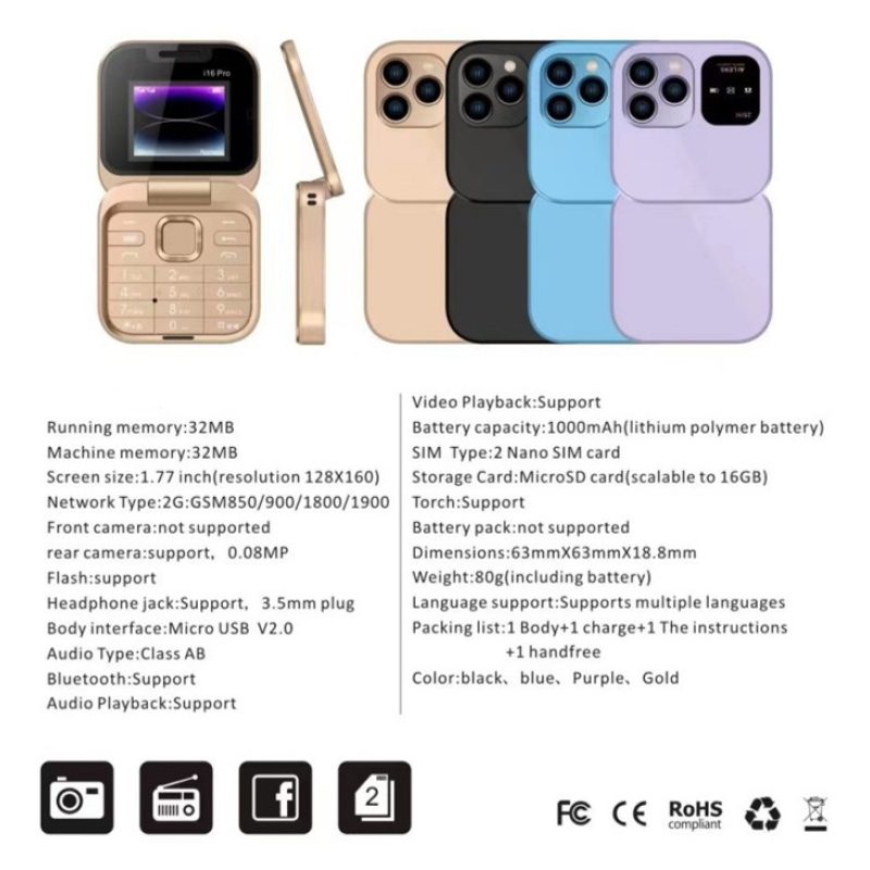 Hongu Mini telefono cellulare flip i16PRO Tastiera GSM 1.77" DUAL S...