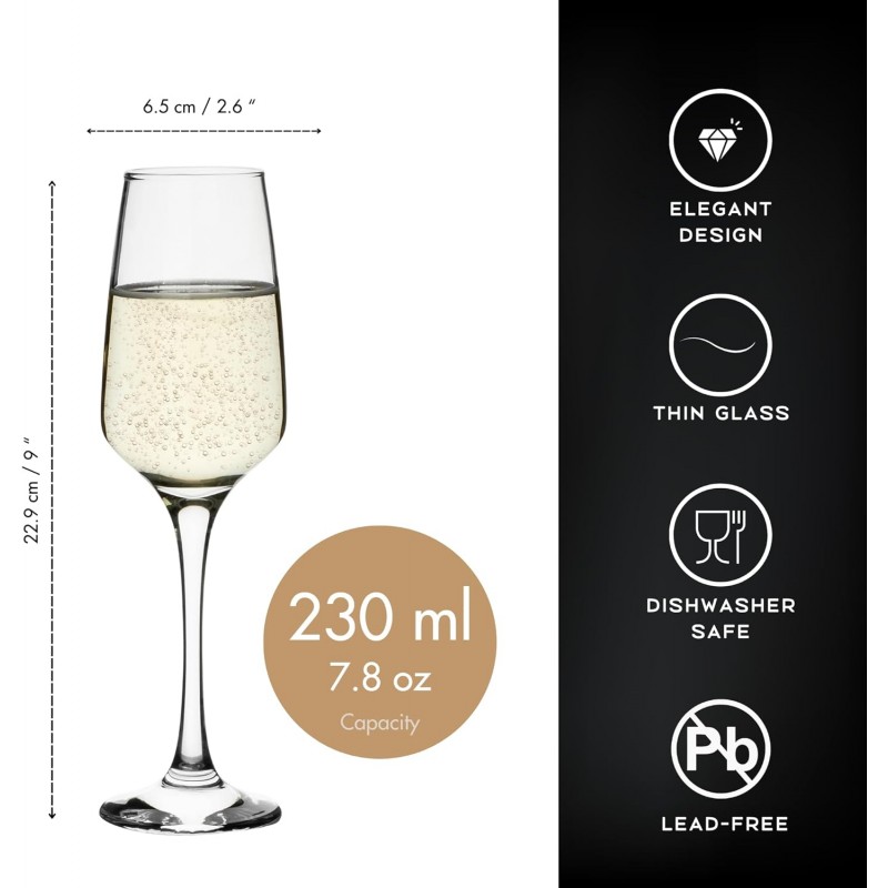 Gicos Set di 6 bicchieri flute calici in vetro trasparente da 23 cl...