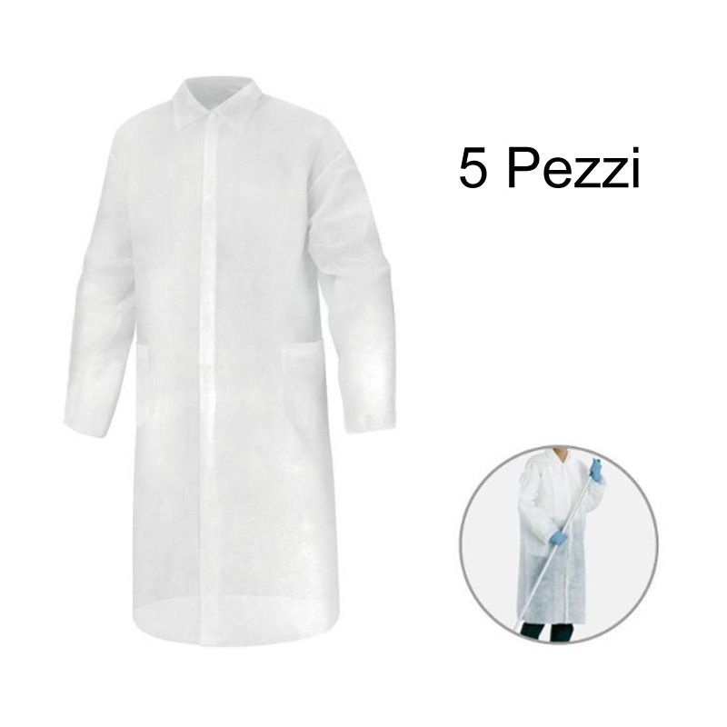 5 Camice monouso in  polipropilene lavoro alimentare con tasche usa e getta L