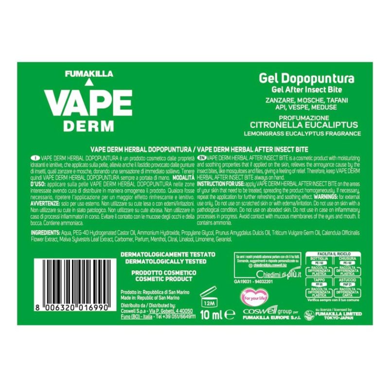 Vape Vape Derm Herbal Stick Dopopuntura Zanzare Tafani Gel per Corp...