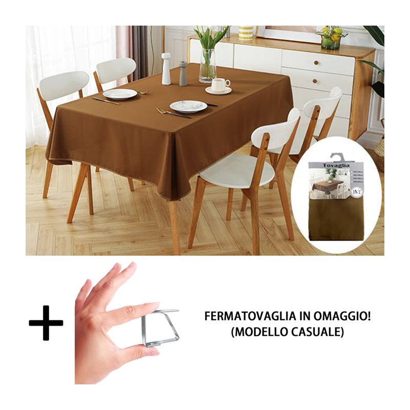 Tovaglia Antimacchia in Poliestere Impermeabile marrone cucina + fermatovaglia