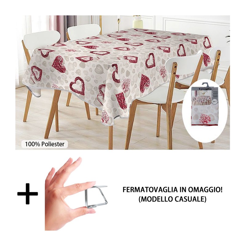 Tovaglia Antimacchia in Poliestere Impermeabile cuori stampata + fermatovaglia