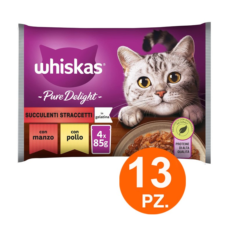 Whiskas Pure Delight Succulenti Straccetti Cibo Gatti Pollo Manzo 52 bustine