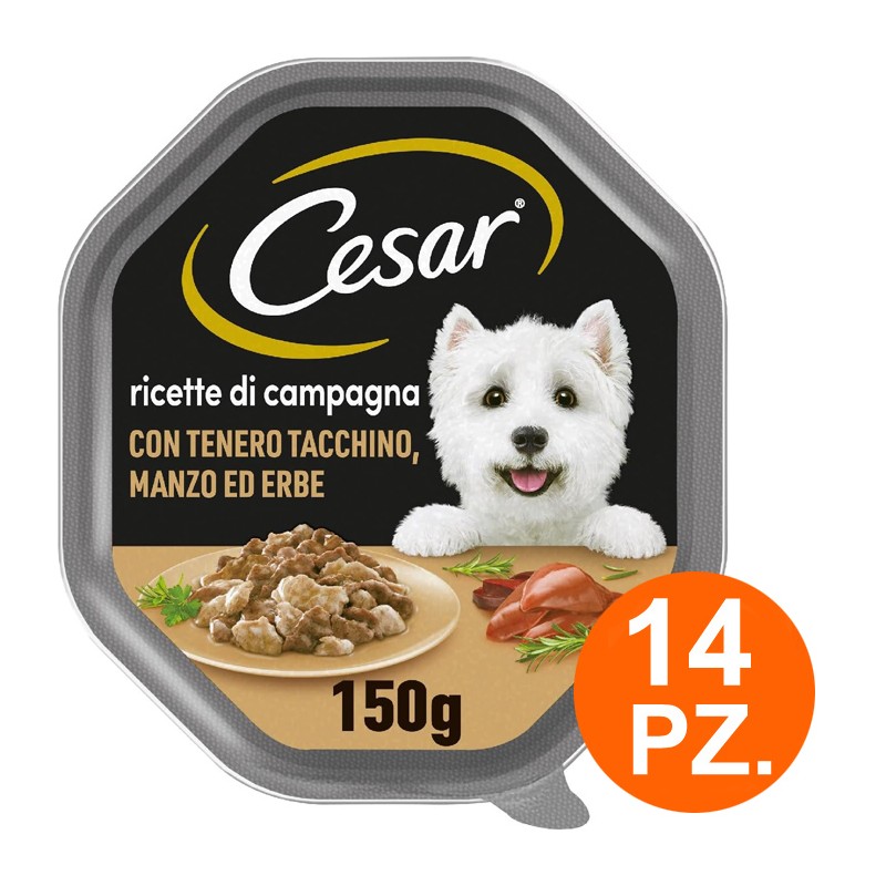Cesar Ricette di Campagna Cibo per Cani Manzo e Tacchino - 14 Vaschette da 150g