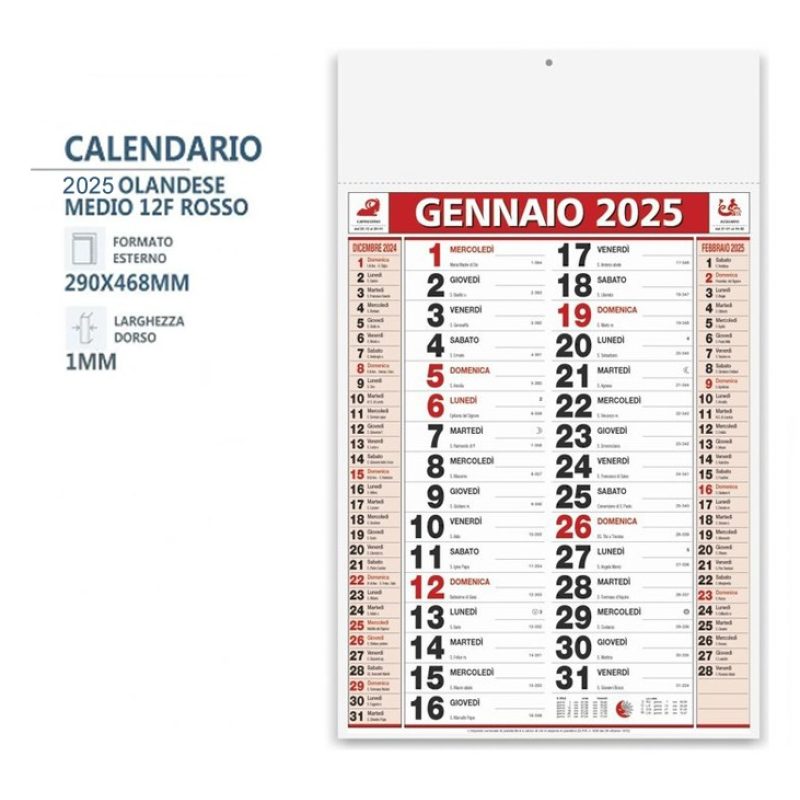 Hongu Calendario 2025 Olandesi Olandese da Muro Rosso Numeri Grandi...