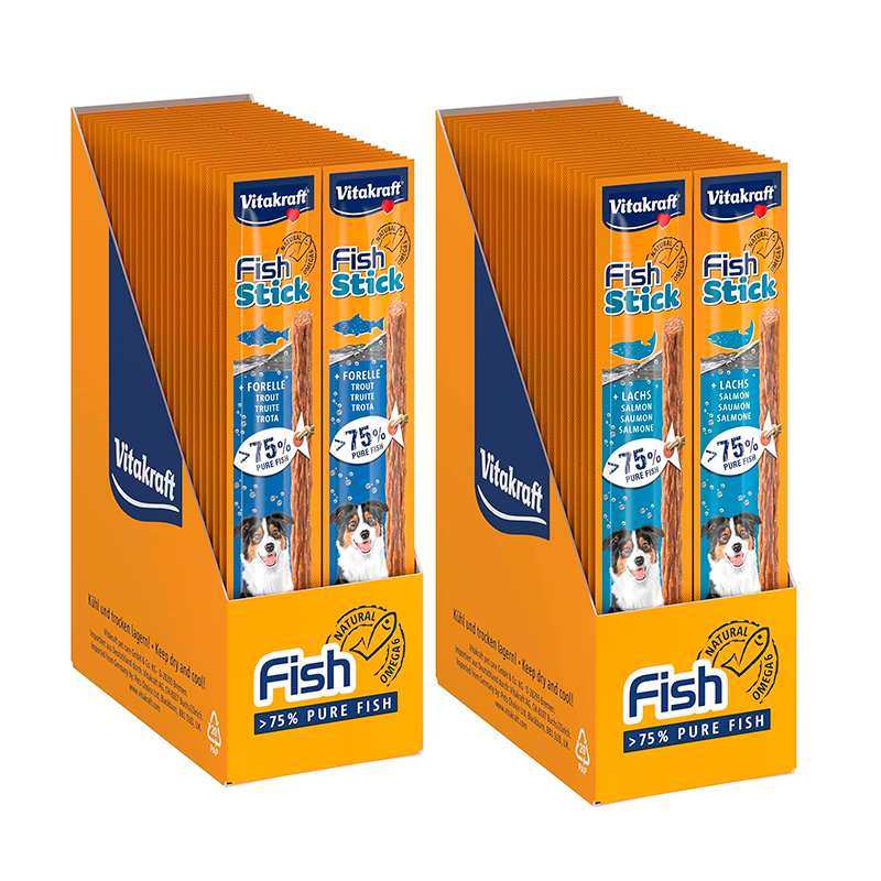 50 x Vitakraft Fish Stick snack bastoncini per cani al gusto pesce salmone o trota con omega6