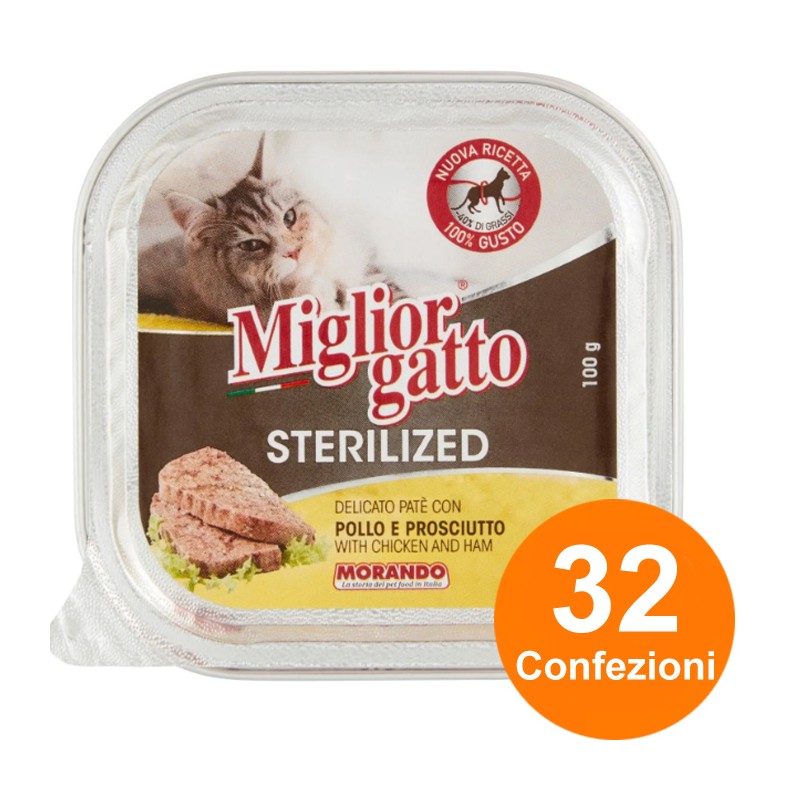 Set 32 Confezioni Miglior Gatto Sterelized patè con pollo e prosciutto 100 gr