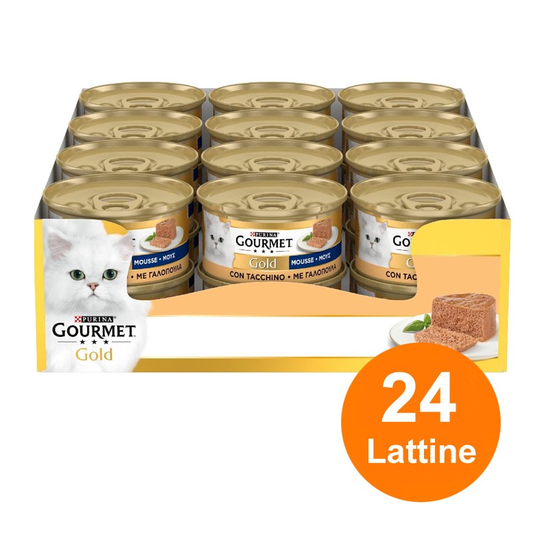 Purina Gourmet Gold Mousse Cibo Umido per Gatti con Tacchino, 24 Lattine da 85 g