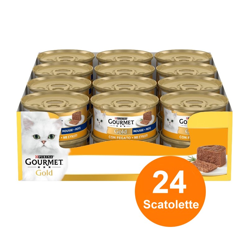 Purina Gourmet Gold Mousse cibo umido Gatto con fegato, 24 Lattine da 85 g