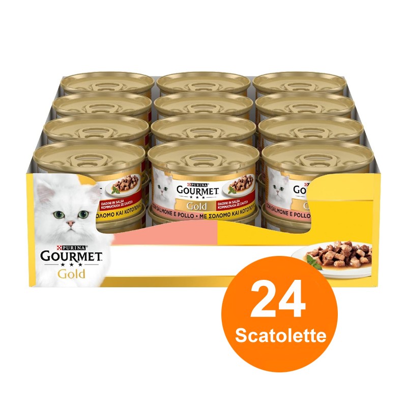 Gourmet Gold da 24 lattine 85g umido per Gatti Purina gusto di salmone e pollo