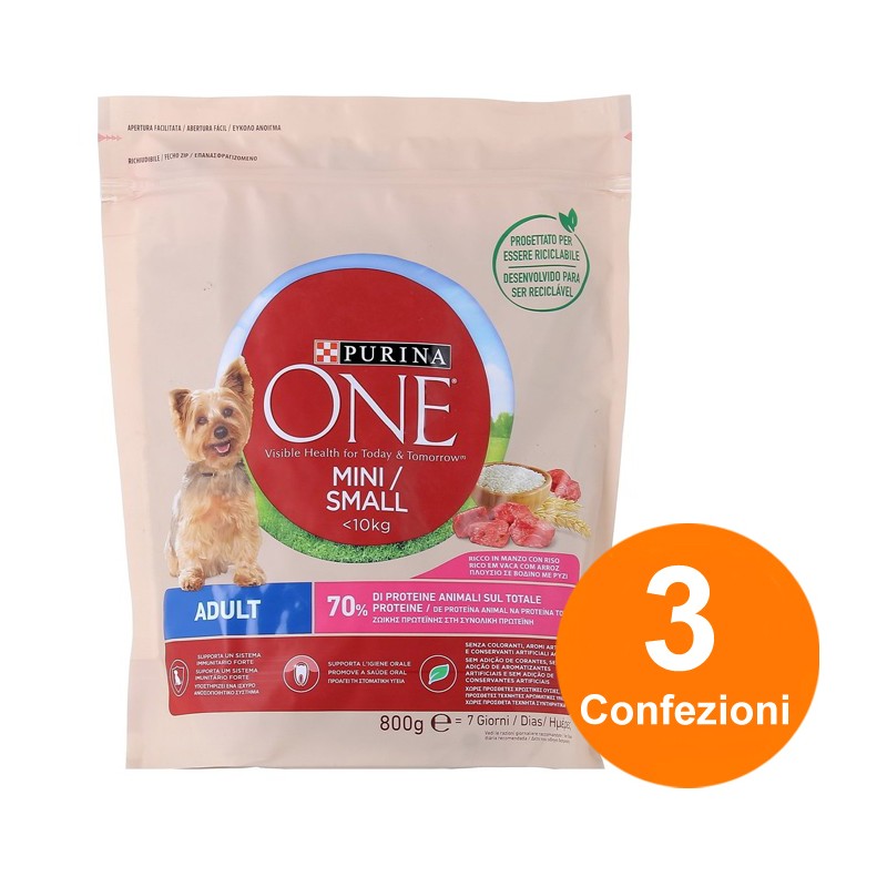 Purina One mini delicate crocchette per cani small con manzo e riso 3 x 800g