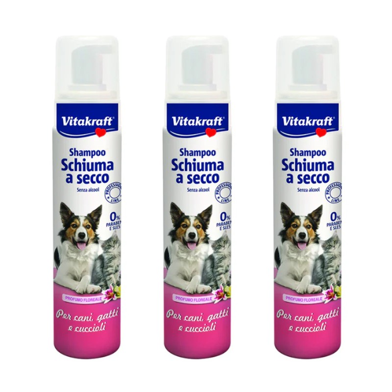 Shampoo schiuma a secco profumo floreale per cani gatti e cuccioli 3 x 200 ml
