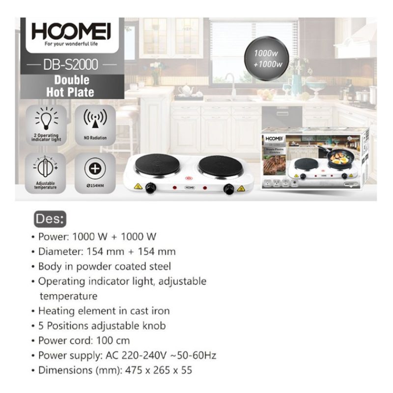 HOOMEI Fornello Elettrico Doppio 2 Piastre Ghisa Regolabile da Viag...