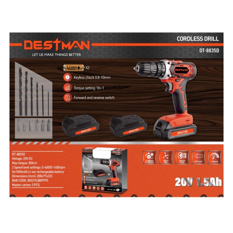 DESTMAN Trapano Avvitatore a doppia Batteria a litio 20V 1500mah ma...