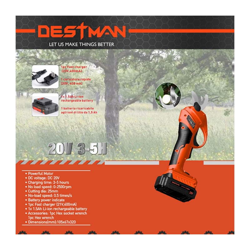 DESTMAN Forbice a batteria da potatura cesoia 20V 1.5AH Taglio 25mm...