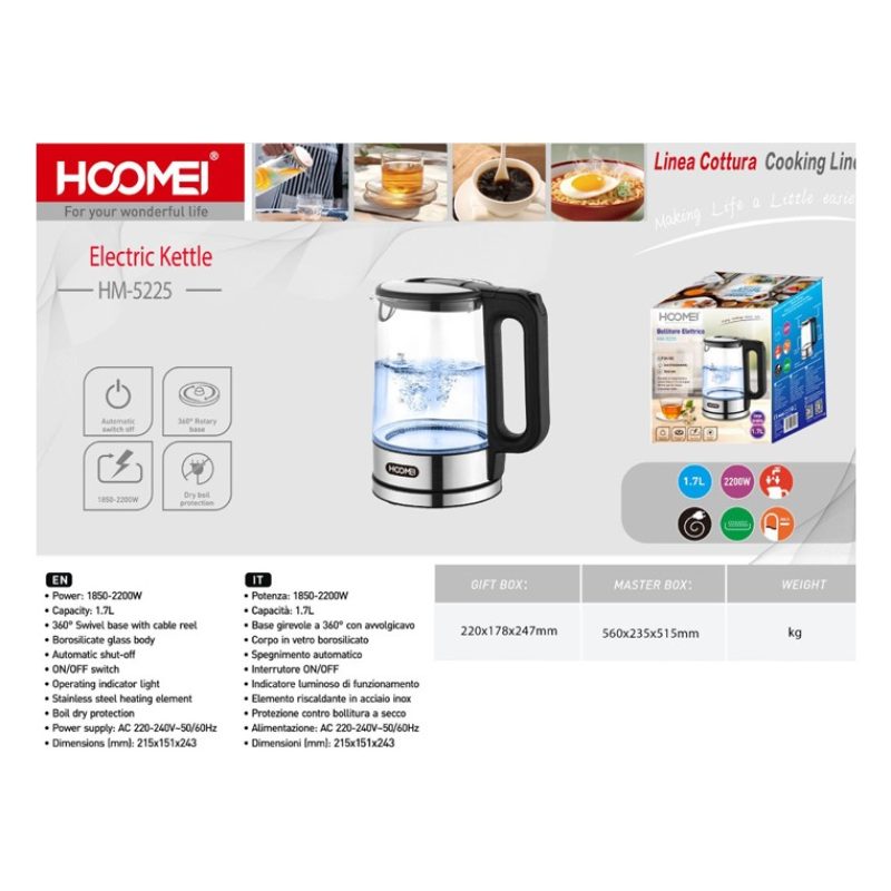 HOOMEI Bollitore Elettrico Acqua Calda 1.7L 2200W in Acciaio Scalda...