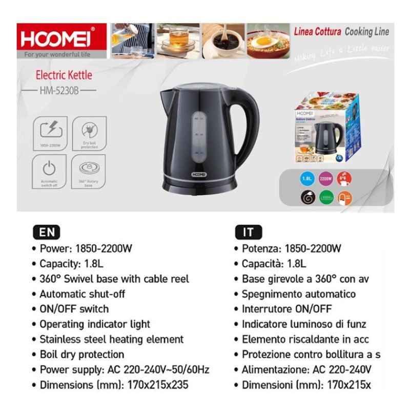 HOOMEI Bollitore Elettrico Acciaio inox 1.8L 2200W Acqua Calda Beva...