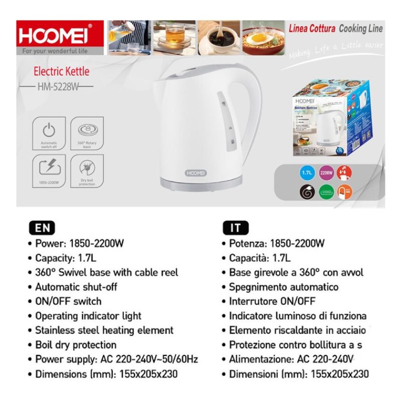 HOOMEI Bollitore Elettrico da 1.7L 2200W in Acciaio Scalda Acqua pe...