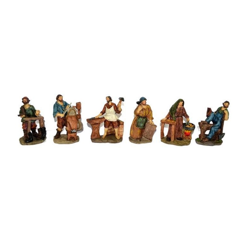 Set 6 Pezzi Pastori Mestieri Presepe In Resina Assortiti 10 cm Decoro Natale