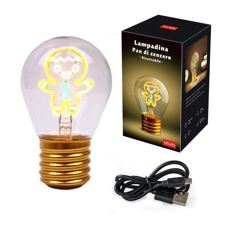 Lampadina filamento Omino pan di zenzero USB vintage luce decorativa natalizia