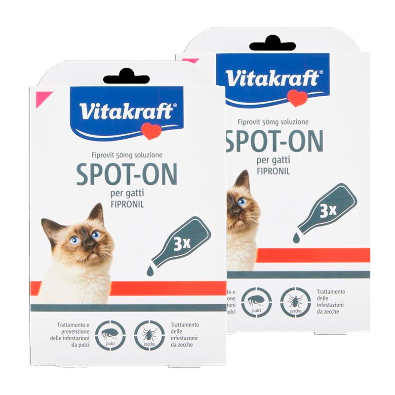 2 Confezioni Vitakraft Spot-On per Gatti da 3 Pipette 50 mg Antipulci e Zecche, Protezione Sicura e Duratura