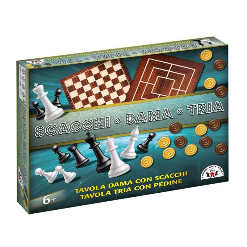 Scacchi Dama Tria - Gioco Società da Tavolo completo 3in1 Edizione Marca Stella