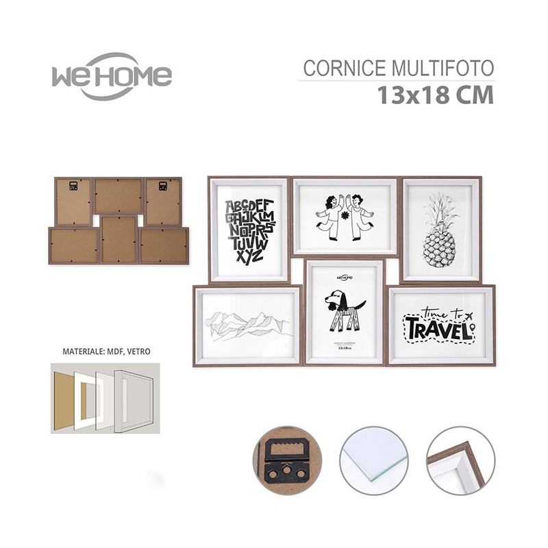 Cornice portafoto multiplo da muro e parete porta 6 foto collage MDF e vetro