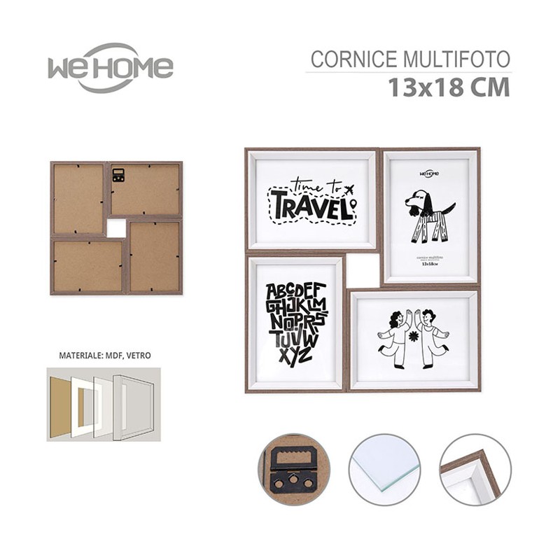 Cornice portafoto multiplo da muro e parete porta 4 foto collage in MDF e vetro