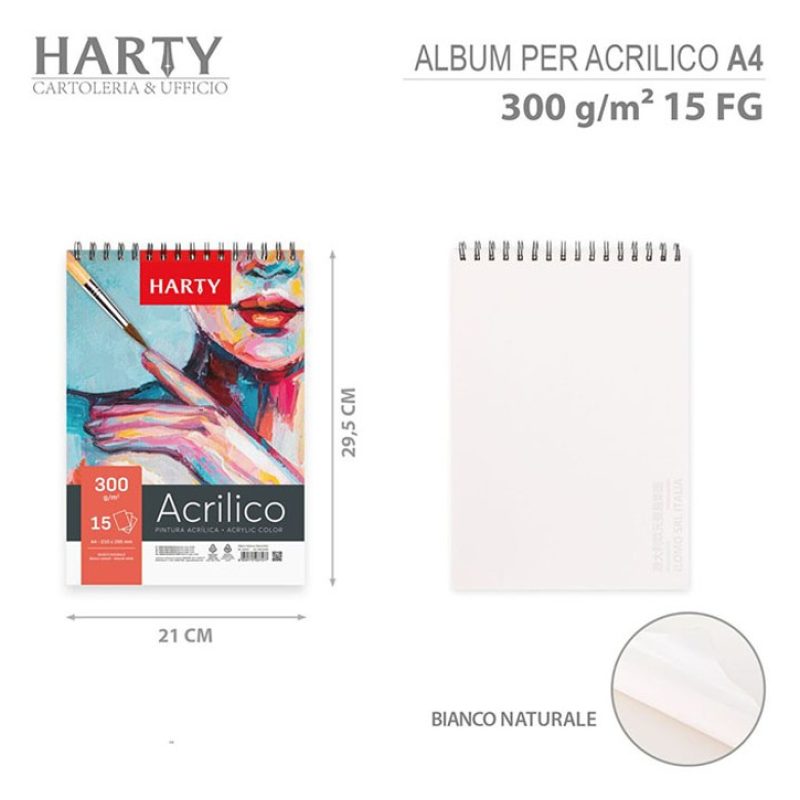 Harty Blocco Carta per Colori Acrilici Album A4 6PZ da 15 fogli 300...