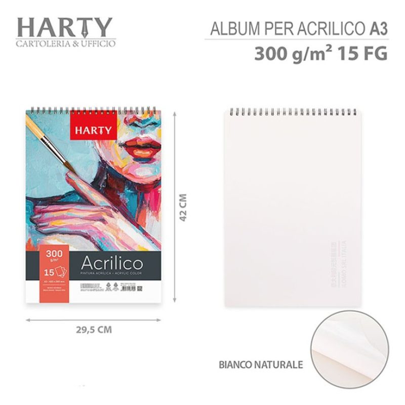 Harty Blocco Carta per Colori Acrilici Album A3 3PZ da 15 fogli 300...