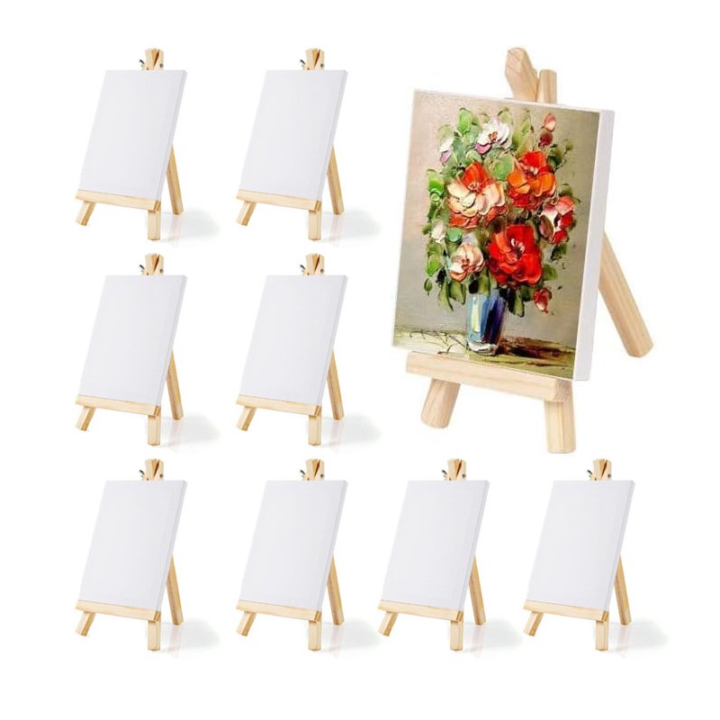 9 pezzi Mini Cavalletto con Tela Pittura Piccolo Cavalletto in Legno 15x30 cm